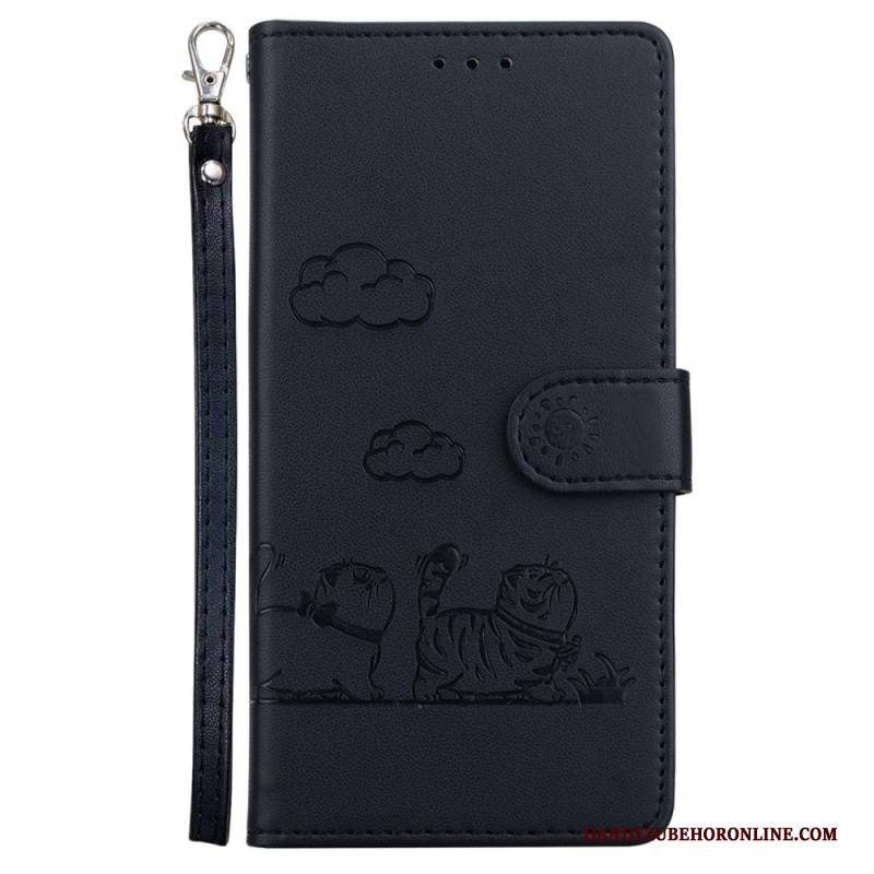 Lederhüllen Xiaomi 15 Handyhülle Katzenmotiv-riemen