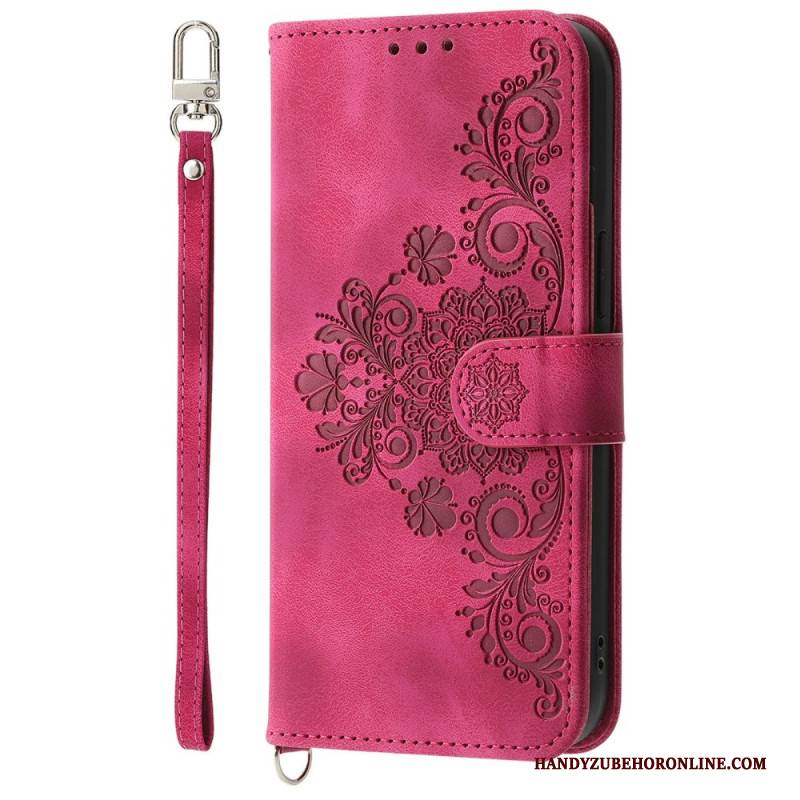 Lederhüllen Xiaomi 15 Pro Wildlederoptik Mit Blumenmuster Riemen Und Schultergurt Tragegurt