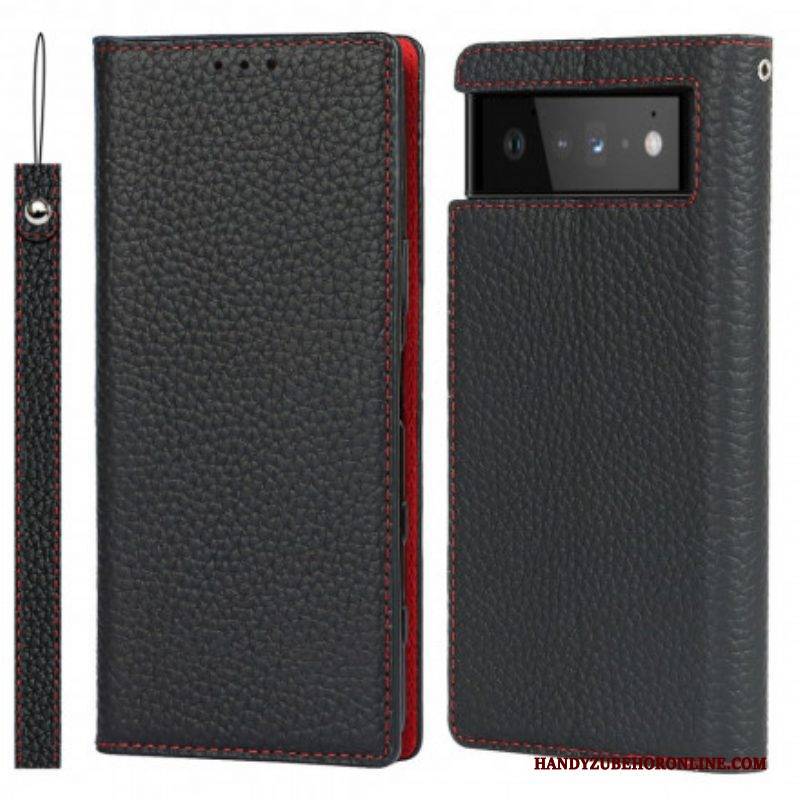 Schutzhülle Für Google Pixel 6 Mit Kordel Flip Case Echtes Litschi-lederarmband
