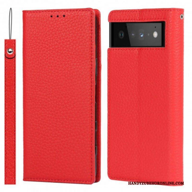 Schutzhülle Für Google Pixel 6 Mit Kordel Flip Case Echtes Litschi-lederarmband
