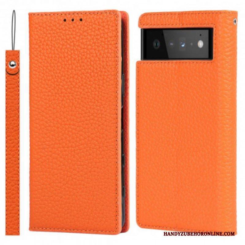 Schutzhülle Für Google Pixel 6 Mit Kordel Flip Case Echtes Litschi-lederarmband