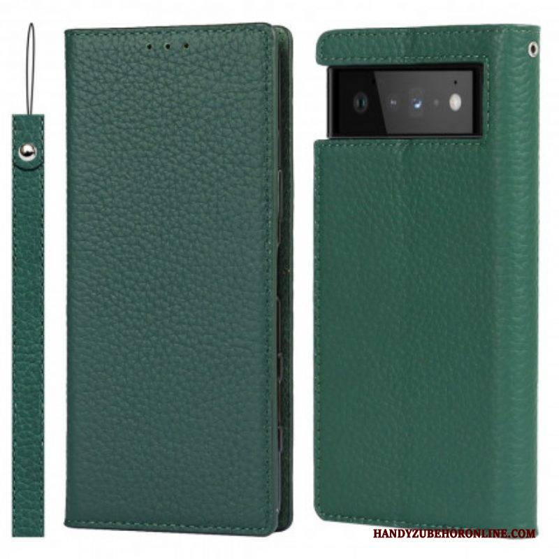 Schutzhülle Für Google Pixel 6 Mit Kordel Flip Case Echtes Litschi-lederarmband