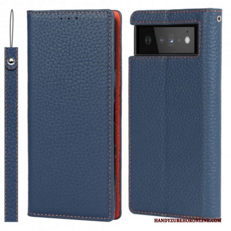 Schutzhülle Für Google Pixel 6 Mit Kordel Flip Case Echtes Litschi-lederarmband