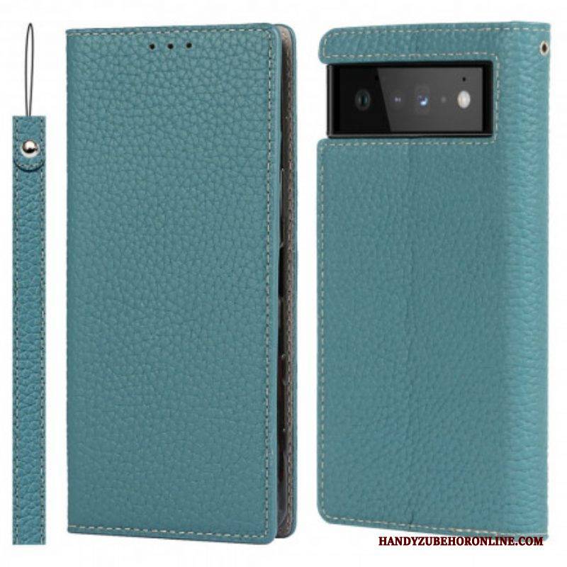 Schutzhülle Für Google Pixel 6 Mit Kordel Flip Case Echtes Litschi-lederarmband