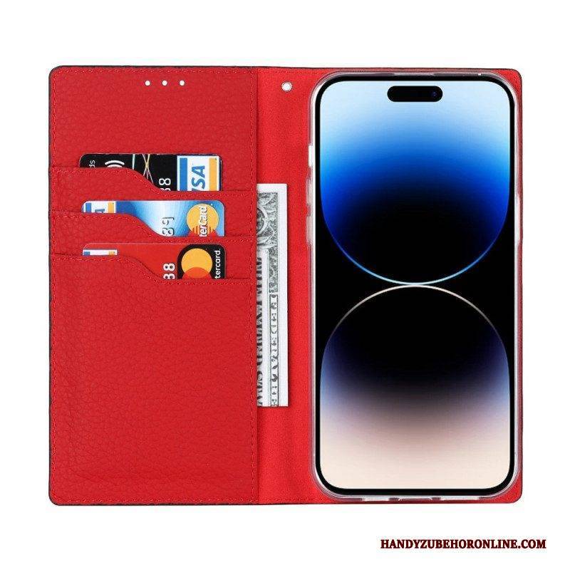 Schutzhülle Für iPhone 14 Pro Mit Kordel Flip Case Echtes Litschi-lederarmband