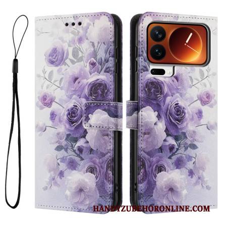 Case Xiaomi 17 Pro Max Flip-geldbörse – Rosa-lila Muster Mit Handschlaufe