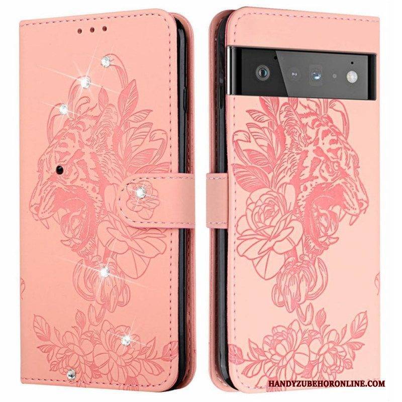 Flip Case Für Google Pixel 6 Barocker Tiger Und Strass