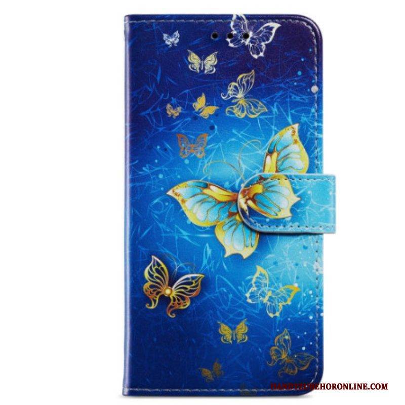 Flip Case Für Google Pixel 7A Mit Kordel Goldene Schmetterlinge Mit Riemen