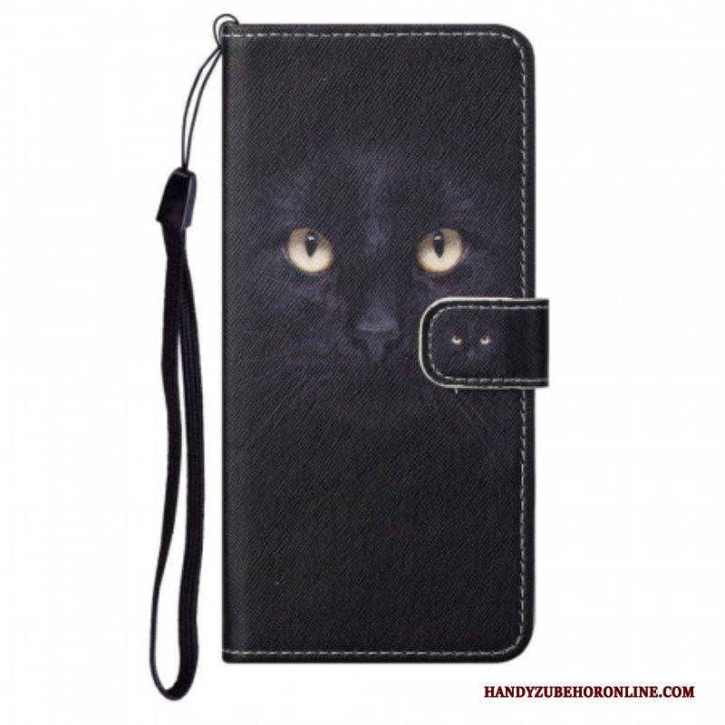 Flip Case Für Moto G71 5G Mit Kordel Riemchenförmige Schwarze Katzenaugen