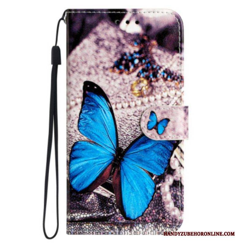 Flip Case Für Moto G73 5G Mit Kordel Kostbarer Blauer Schmetterling Mit Riemen