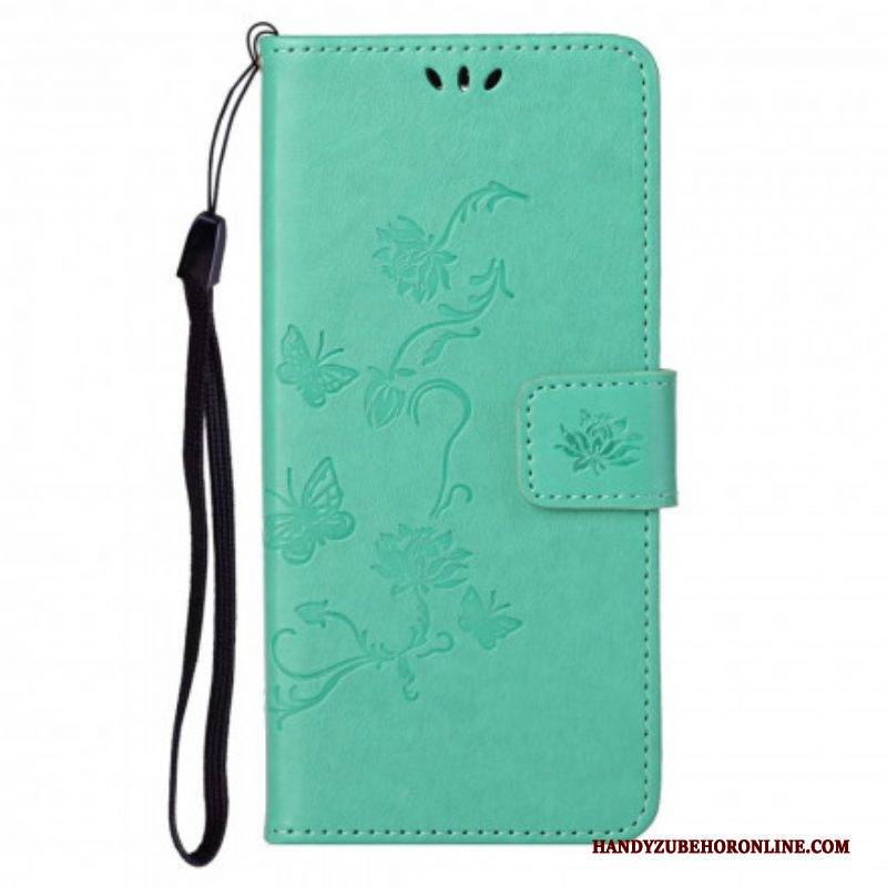 Flip Case Für Motorola Edge 20 Pro Mit Kordel Schmetterlings- Und Blumenarmband