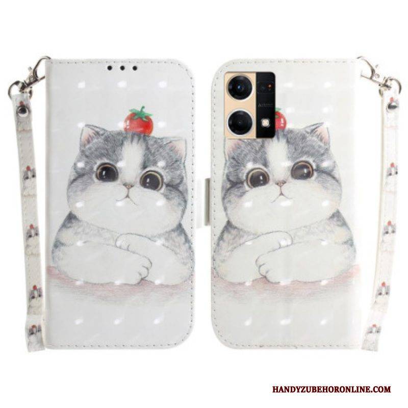 Flip Case Für Oppo Reno 7 Mit Kordel Tomate An Der Katze Mit Riemen
