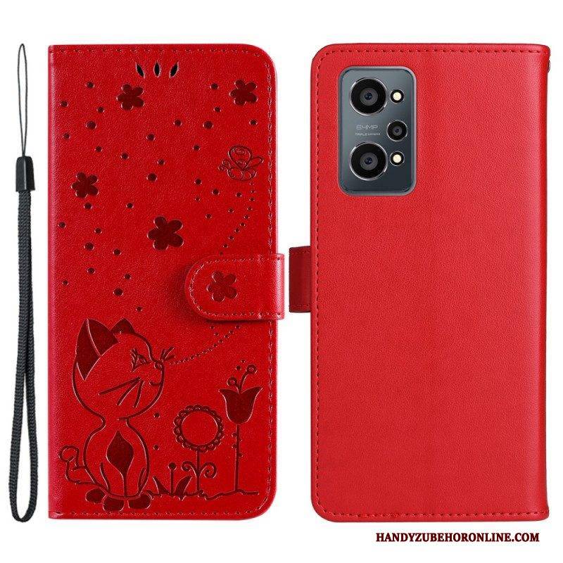 Flip Case Für Realme GT Neo 3T / Neo 2 Mit Kordel Katze Und Biene Mit Schlüsselband