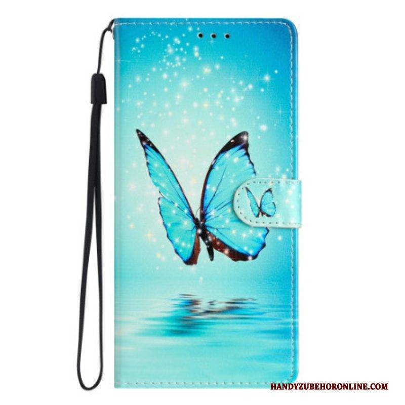 Flip Case Für Samsung Galaxy A54 5G Mit Kordel Blauer Schmetterling Mit Riemen