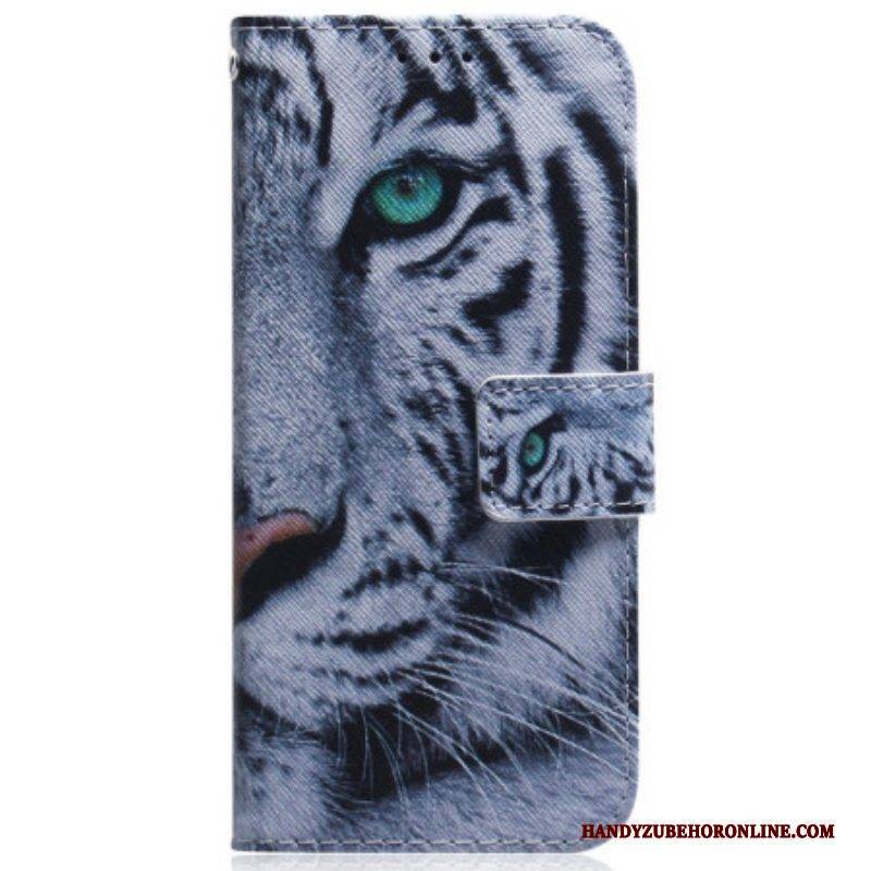Flip Case Für Samsung Galaxy A54 5G Mit Kordel Riemchenweißer Tiger
