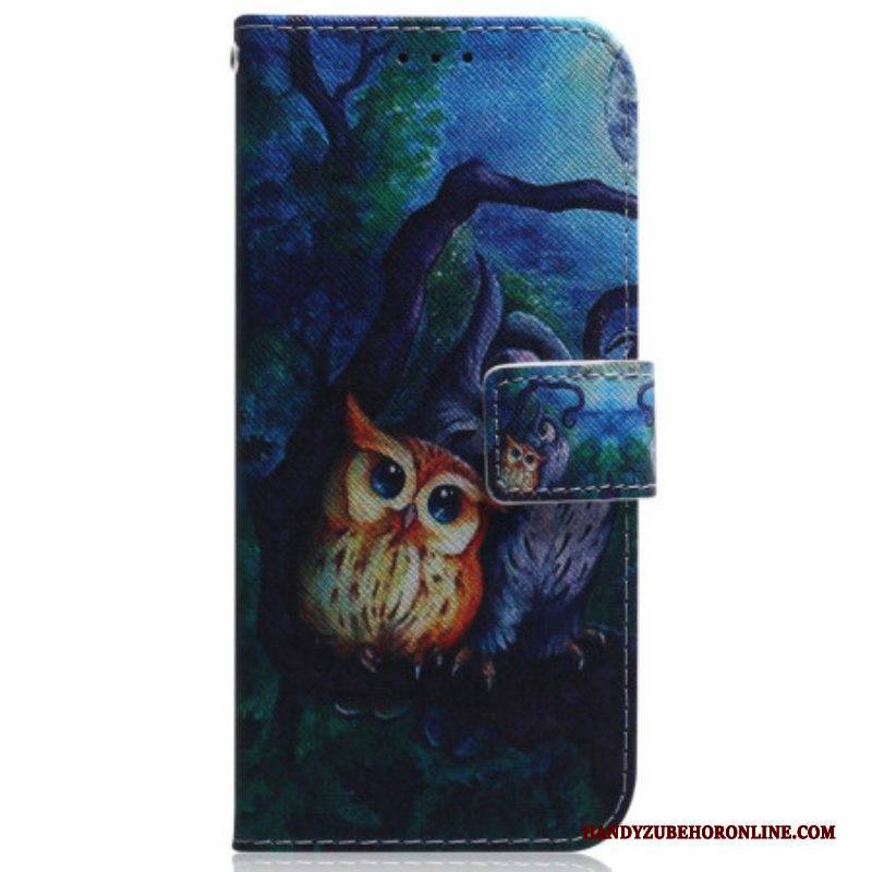 Flip Case Für Samsung Galaxy M13 Mit Kordel Riemchen-eulen-malerei
