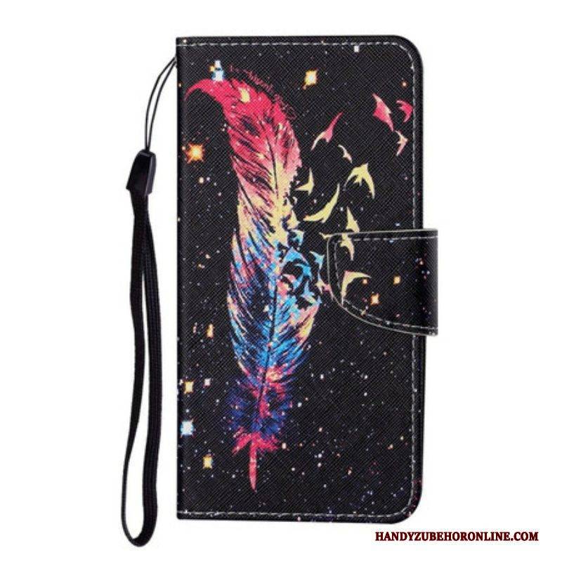 Flip Case Für Samsung Galaxy S21 FE Mit Kordel Bunte Feder Mit Riemen