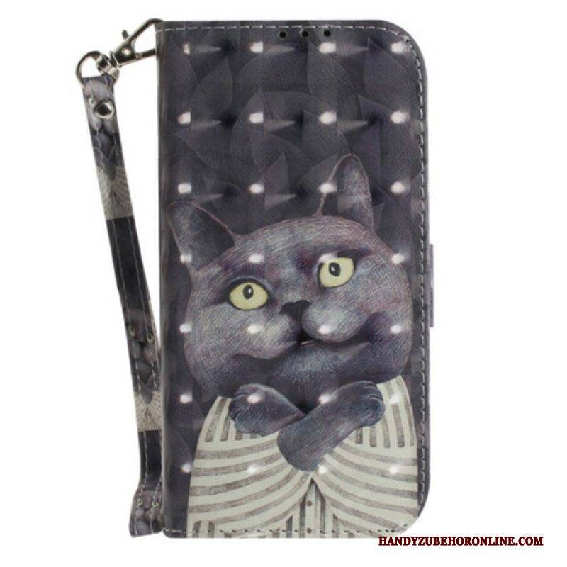 Flip Case Für Samsung Galaxy S21 FE Mit Kordel Graue Katze Mit Riemen