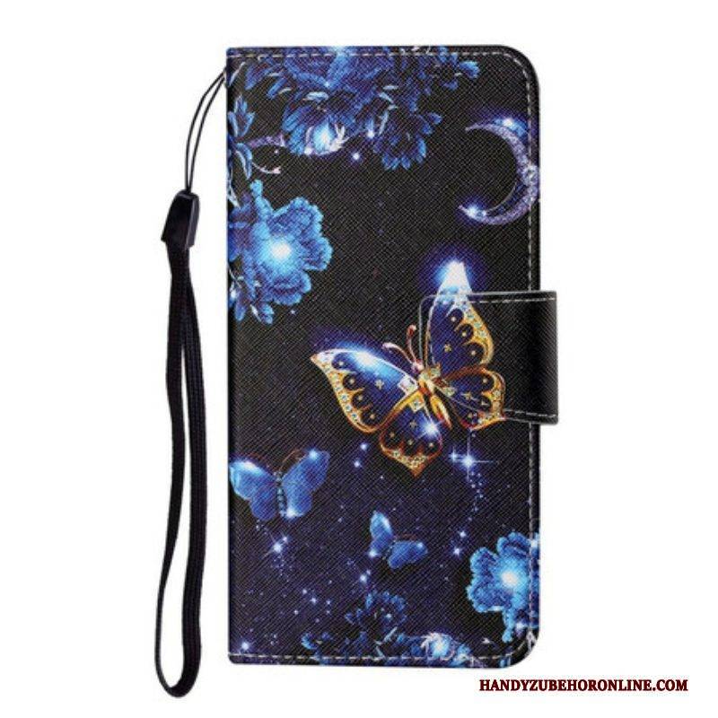Flip Case Für Samsung Galaxy S21 FE Mit Kordel Kostbare Tanga-schmetterlinge
