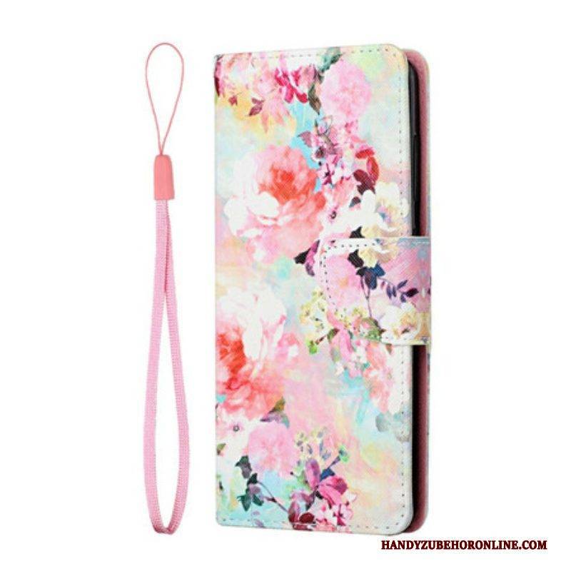 Flip Case Für Samsung Galaxy S21 FE Mit Kordel Vintage Riemchenblumen