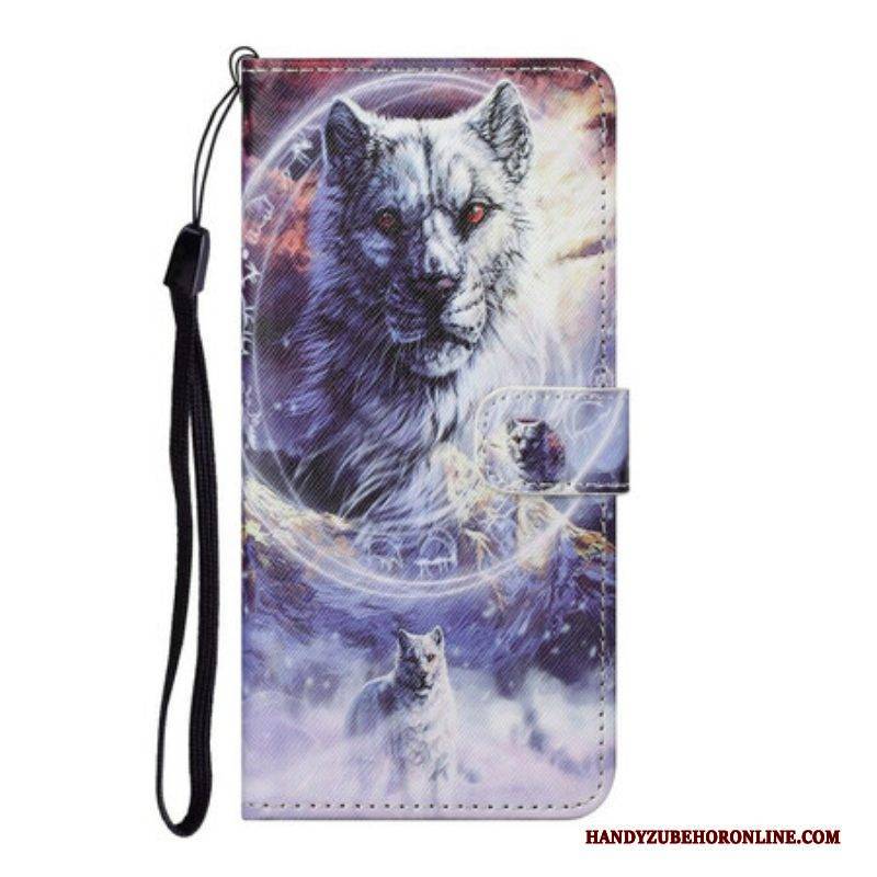 Flip Case Für Samsung Galaxy S21 FE Wolf Im Winter Mit Schlüsselband