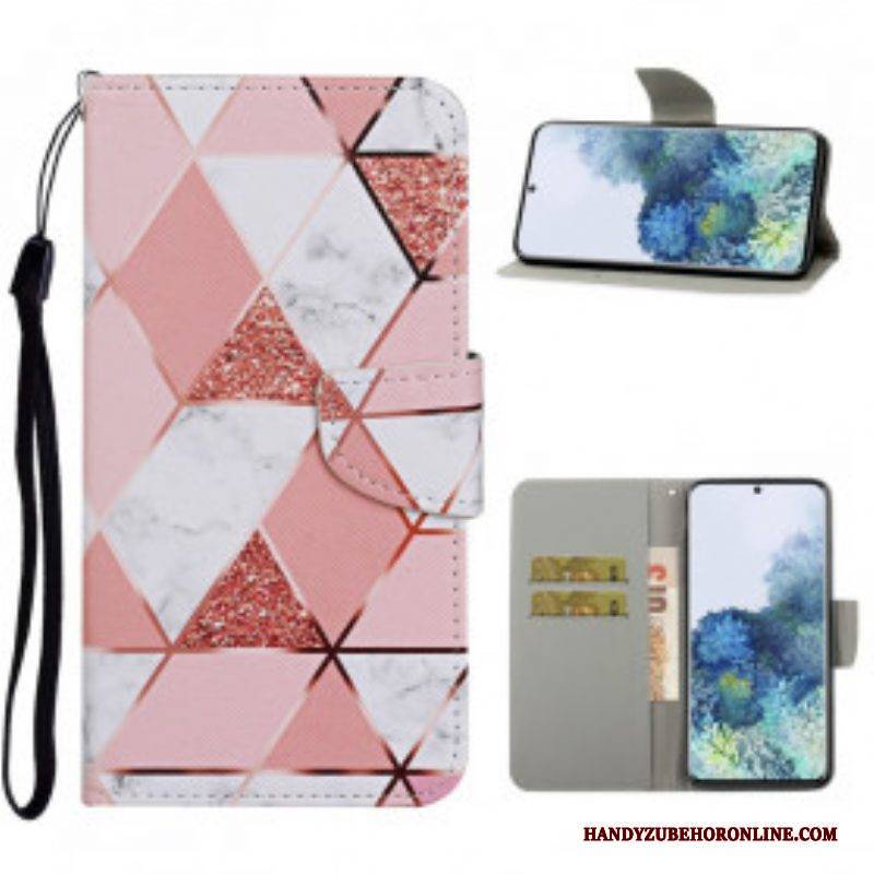Flip Case Für Samsung Galaxy S21 Ultra 5G Marmor Und Pailletten Mit Riemen