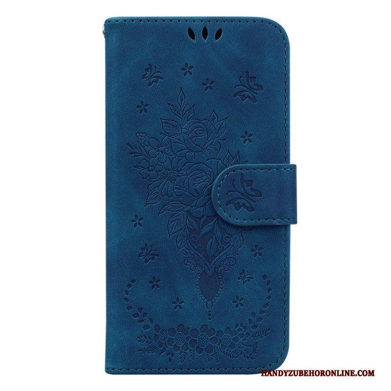Flip Case Für Samsung Galaxy S23 Plus 5G Mit Kordel Riemchenrosen Und Schmetterlinge