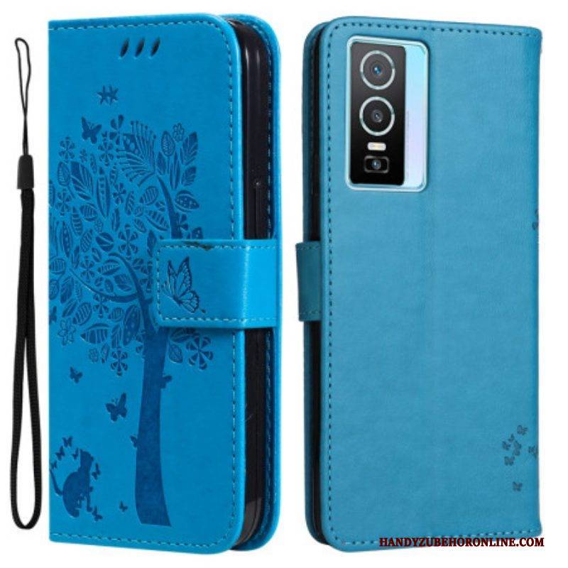 Flip Case Für Vivo Y76 5G Mit Kordel Baum Und Riemchenkatze