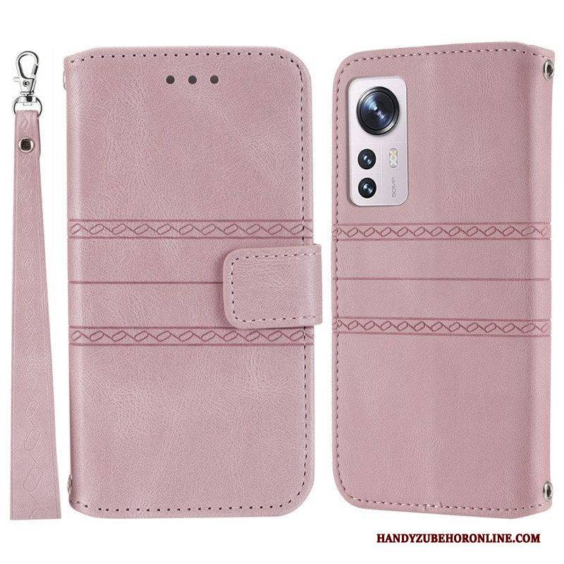 Flip Case Für Xiaomi 12 Pro Mit Kordel Riemchenmuster