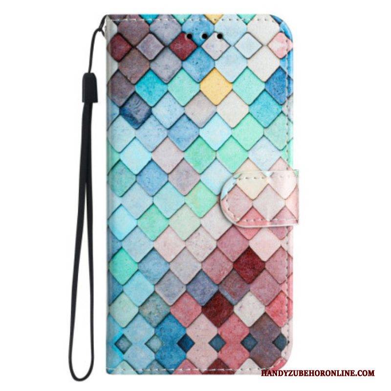 Flip Case Für Xiaomi Redmi A1 Mit Kordel Farbiges Streifengitter