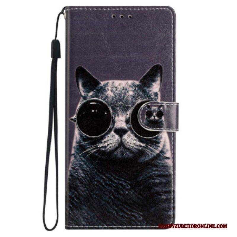 Flip Case Für iPhone 15 Mit Kordel Inkognito-katze Mit Riemen