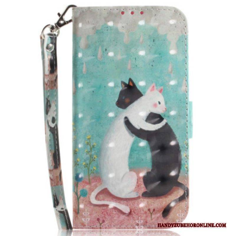 Flip Case Für iPhone 15 Plus Mit Kordel Schwarze Katze. Weiße Katze Mit Riemen