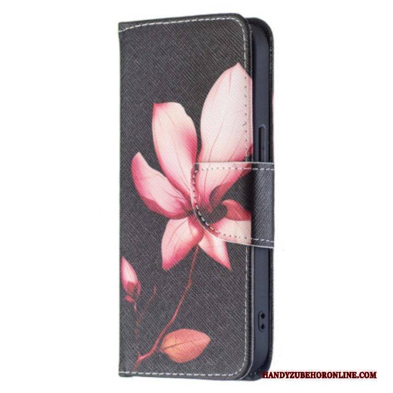Flip Case Für iPhone 15 Rosa Blume Auf Schwarzem Hintergrund