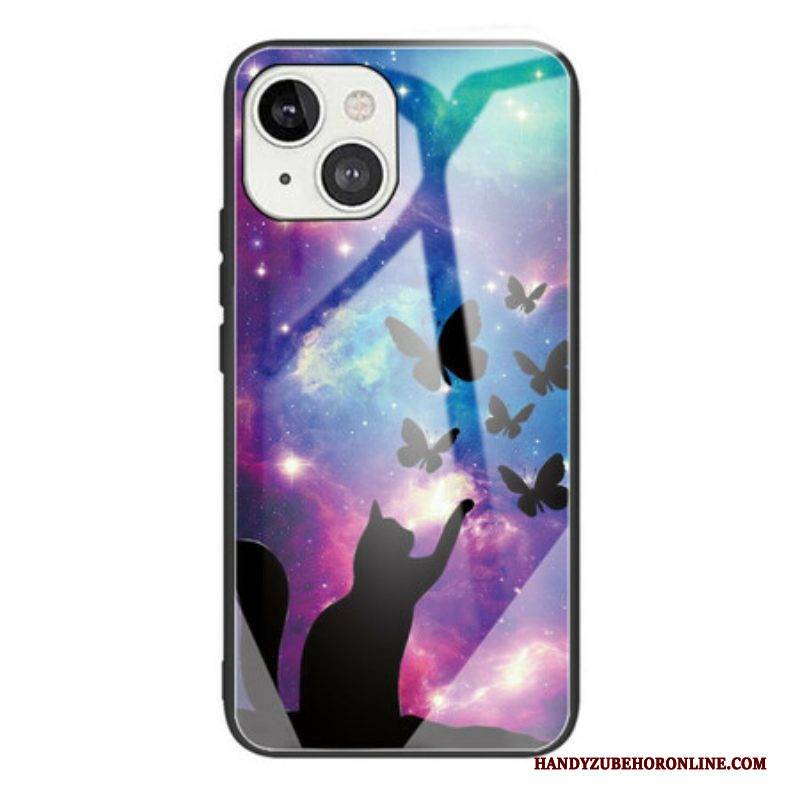 Handyhülle Für iPhone 13 Mini Katze Und Schmetterlinge Aus Gehärtetem Glas Im Weltraum