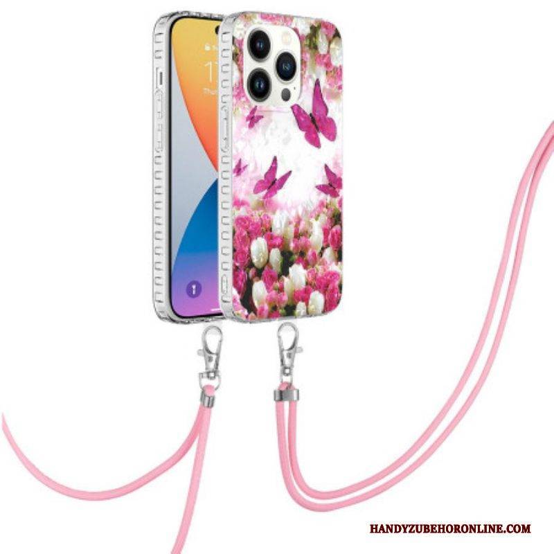 Handyhülle Für iPhone 14 Pro Mit Kordel Schmetterlinge Im Kordelzug-stil