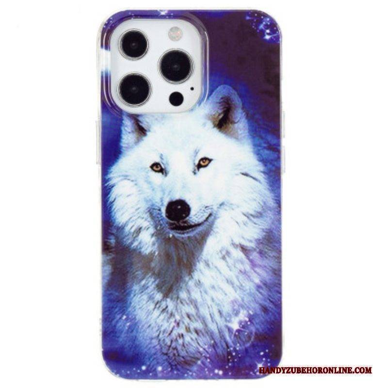 Handyhülle Für iPhone 15 Pro Fluoreszierender Weißer Wolf