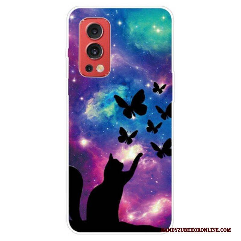 Hülle Für OnePlus Nord 2 5G Katze Und Schmetterlinge Im Weltraum