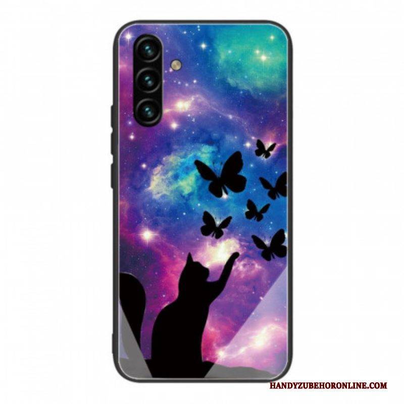 Hülle Für Samsung Galaxy A13 5G / A04s Katze Und Schmetterlinge Aus Gehärtetem Glas Im Weltraum