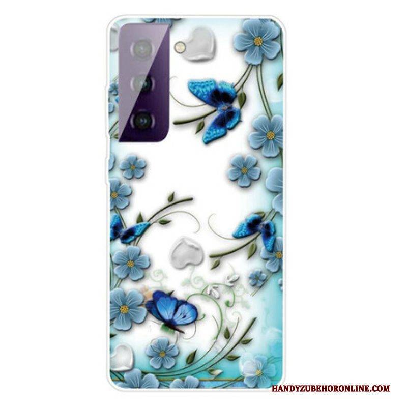 Hülle Für Samsung Galaxy S21 FE Retro-schmetterlinge Und Blumen