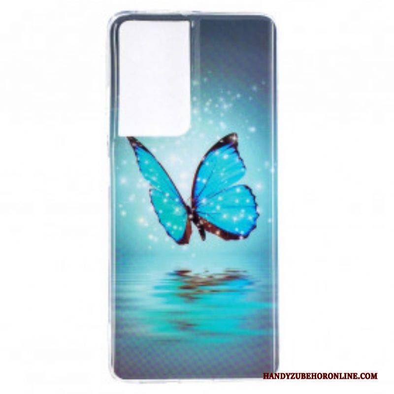 Hülle Für Samsung Galaxy S21 Ultra 5G Fluoreszierender Blauer Schmetterling