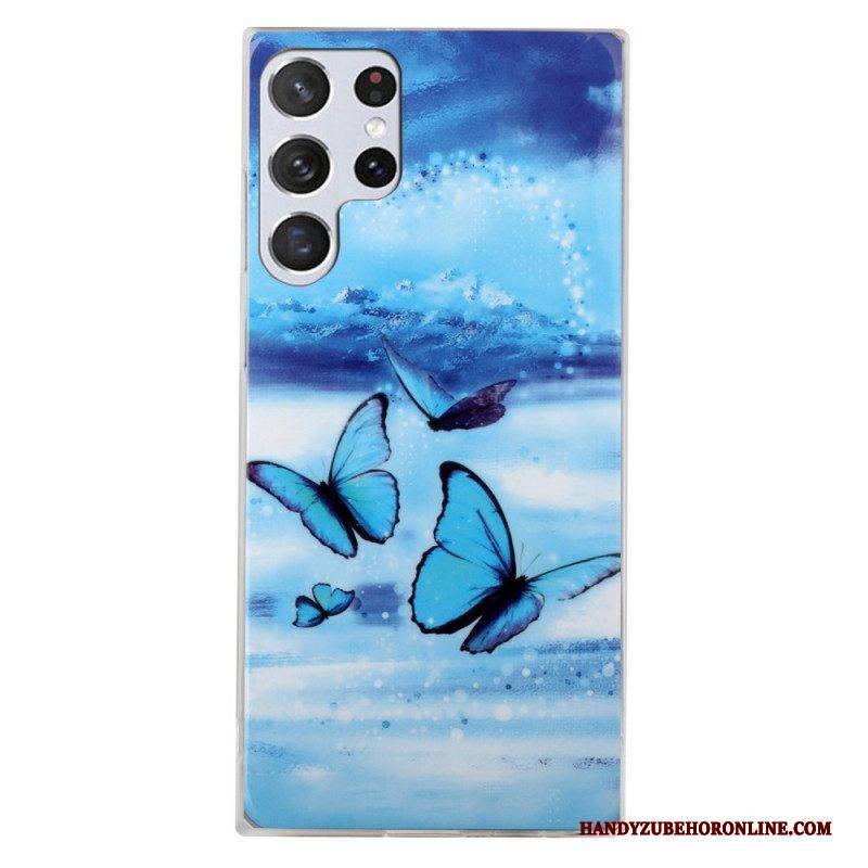 Hülle Für Samsung Galaxy S22 Ultra 5G Fluoreszierende Blaue Schmetterlinge
