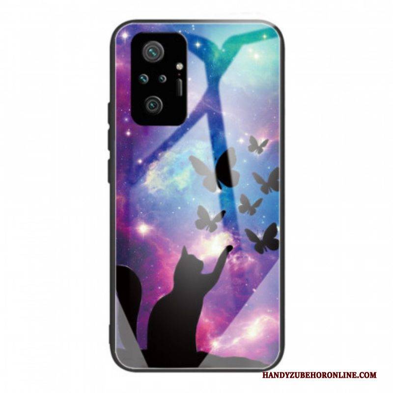 Hülle Für Xiaomi Redmi Note 10 Pro Katze Und Schmetterlinge Aus Gehärtetem Glas Im Weltraum