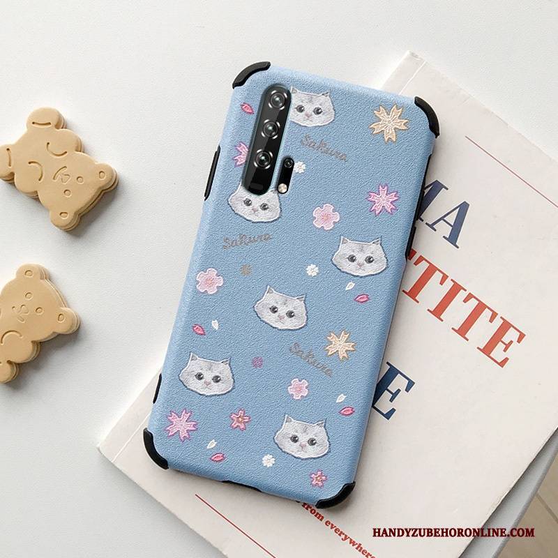 Hülle Honor 20 Pro Lederhülle Katzen Anti-sturz, Case Honor 20 Pro Seide Blau Frisch