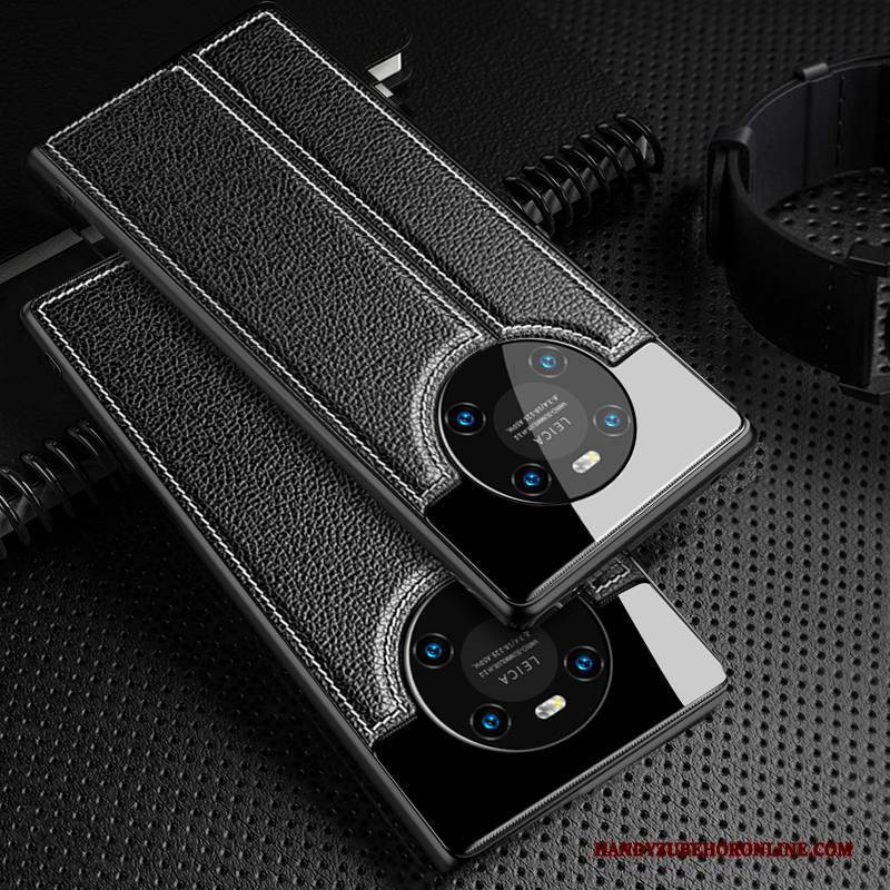 Hülle Huawei Mate 40 Pro Leder Spiegel Neu, Case Huawei Mate 40 Pro Taschen Handyhüllen Schwarz