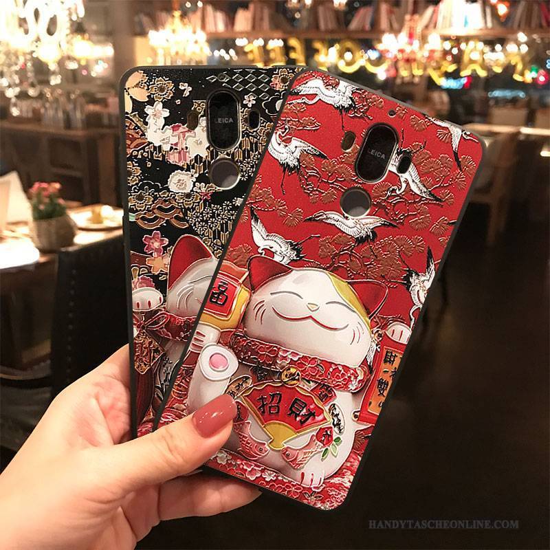 Hülle Huawei Mate 9 Taschen Rot Katzen, Case Huawei Mate 9 Silikon Reichtum Hängende Verzierungen