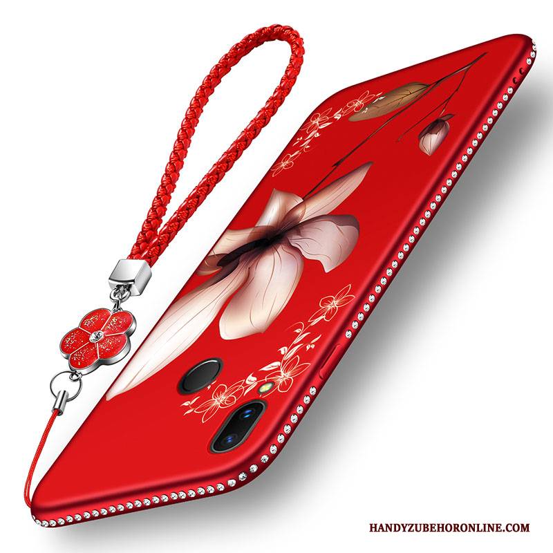 Hülle Huawei P Smart 2019 Taschen Rot Handyhüllen, Case Huawei P Smart 2019 Schutz Blumen Nubuck