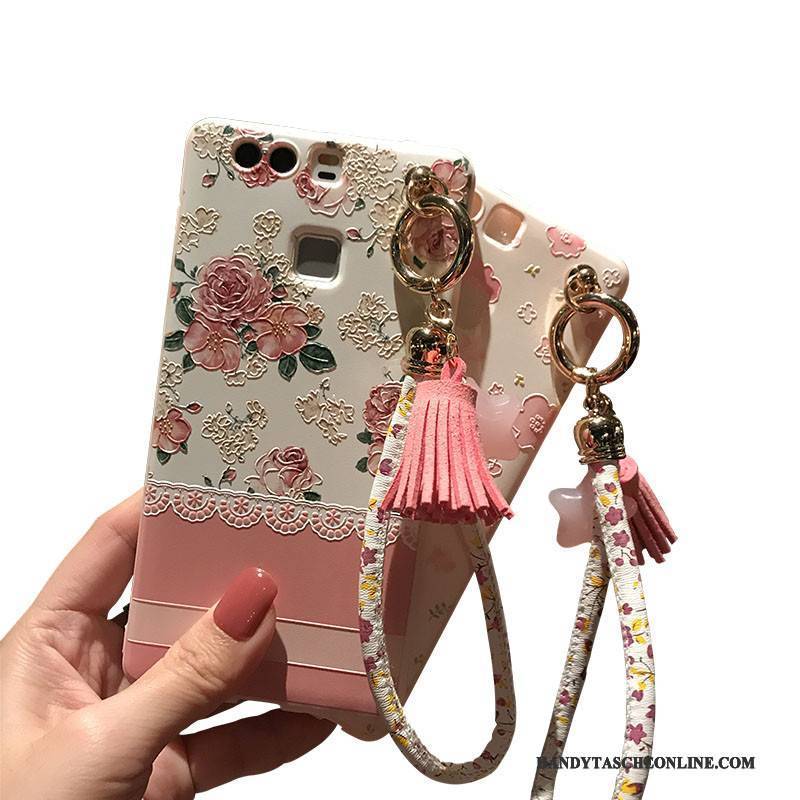 Hülle Huawei P9 Prägung Katzen Pulver, Case Huawei P9 Weiche Nubuck Blumen