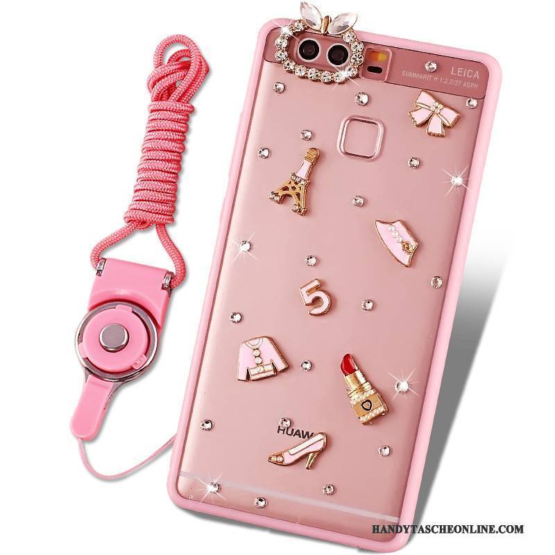 Hülle Huawei P9 Strass Handyhüllen Rosa, Case Huawei P9 Silikon Hängende Verzierungen