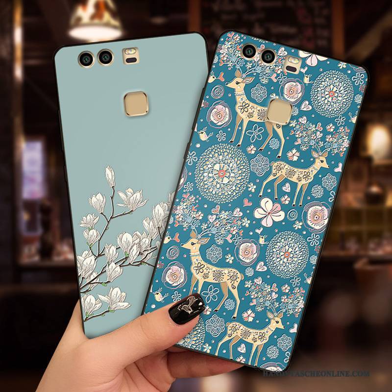 Hülle Huawei P9 Taschen Blau Handyhüllen, Case Huawei P9 Prägung Anti-sturz Nubuck