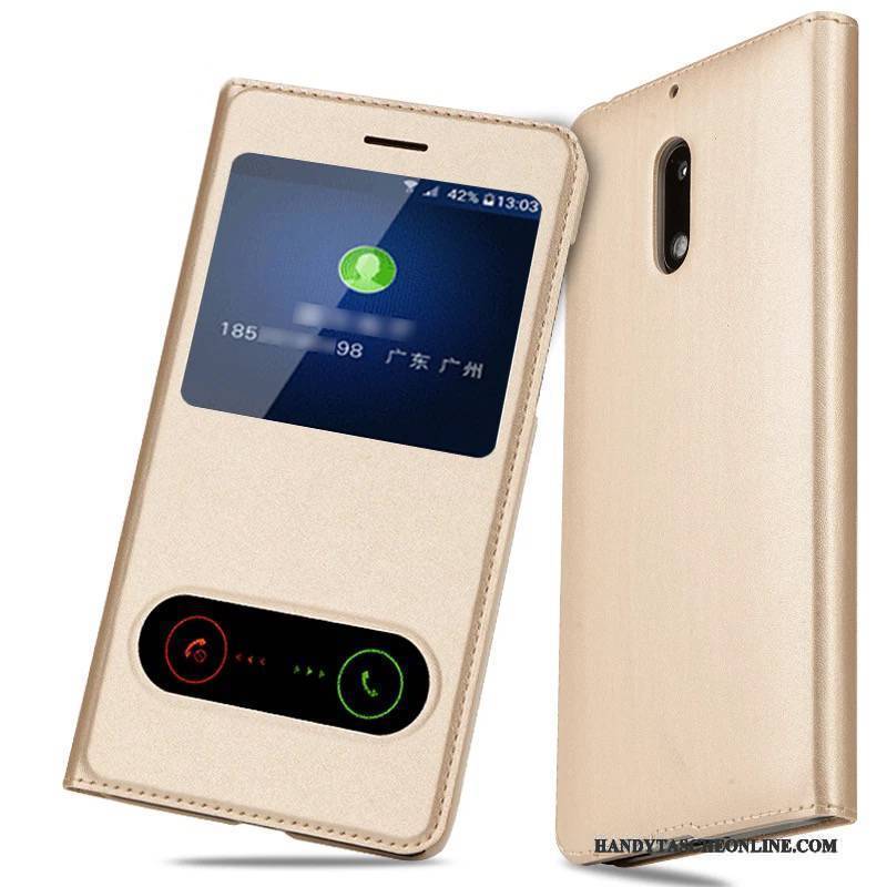 Hülle Nokia 6 Schutz Handyhüllen Anti-sturz, Case Nokia 6 Lederhülle Gold Schlank